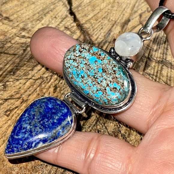 Crystal Pairing of Large Turquoise, Lapis Lazuli & Moonstone Pendant 3 1/4” - Picture 4 of 12